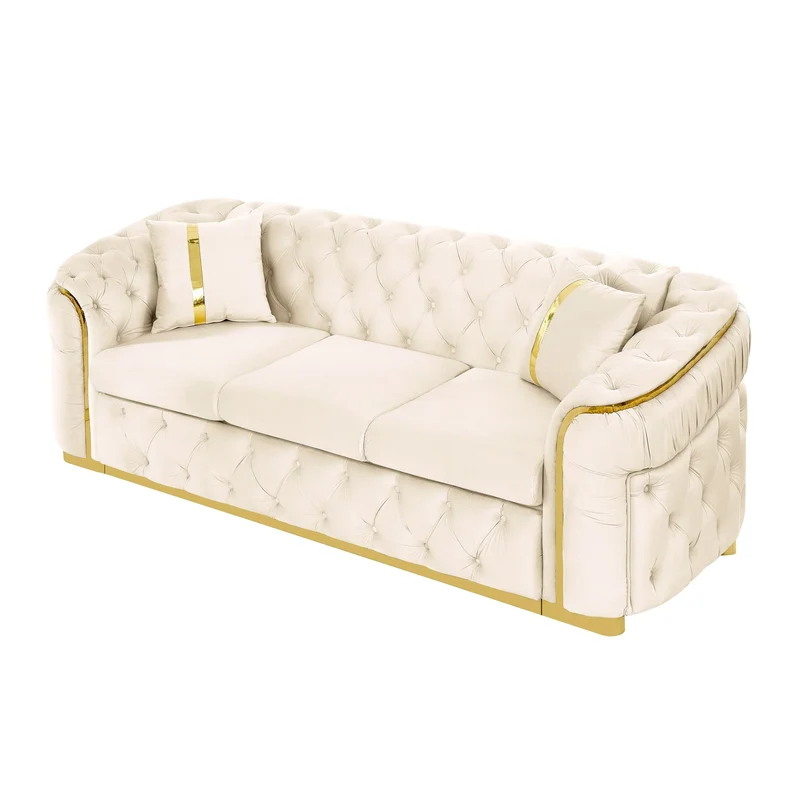 Canapé 3 places Velvet 90,6 po avec 2 oreillers, coussins haute densité, accents dorés et oreillers