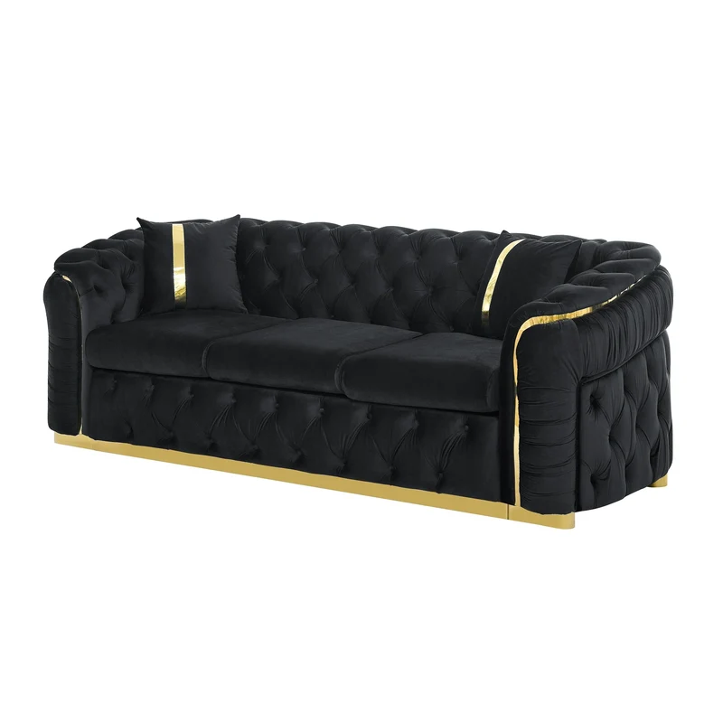 Canapé 3 places Velvet 90,6 po avec 2 oreillers, coussins haute densité, accents dorés et oreillers