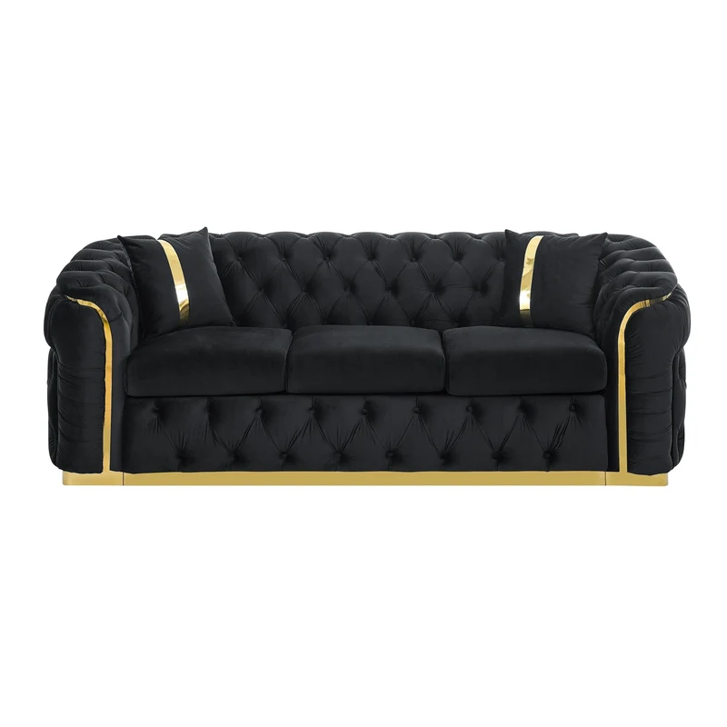 Canapé 3 places Velvet 90,6 po avec 2 oreillers, coussins haute densité, accents dorés et oreillers