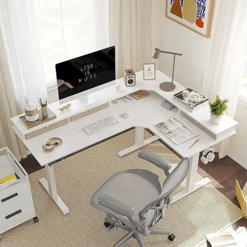 Bureau d'angle électrique debout avec 3 tiroirs et roulettes verrouillables, 160