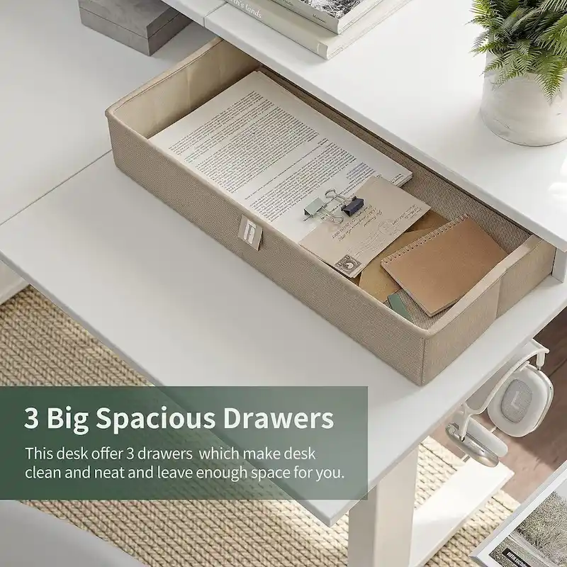 Bureau d'angle électrique debout avec 3 tiroirs et roulettes verrouillables, 160