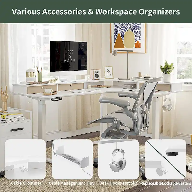 Bureau d'angle électrique debout avec 3 tiroirs et roulettes verrouillables, 160