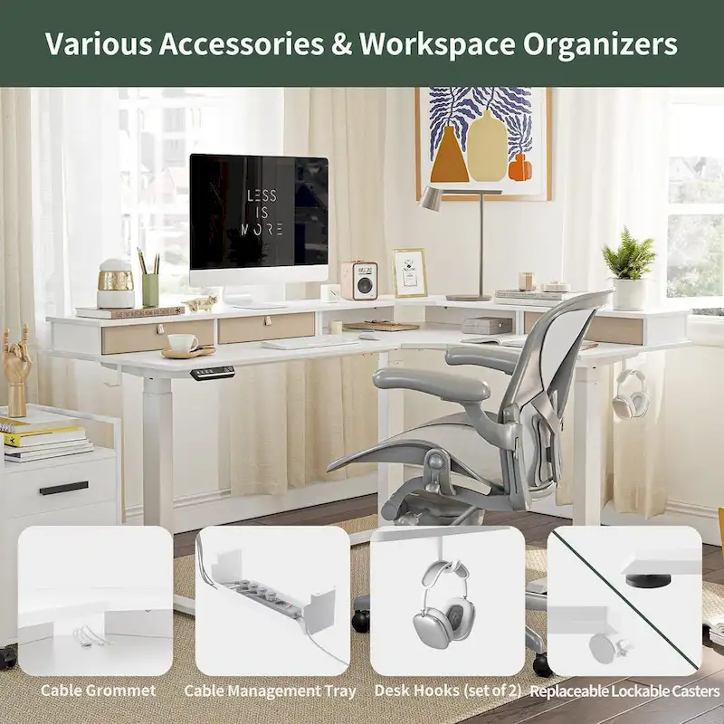 Bureau d'angle électrique debout avec 3 tiroirs et roulettes verrouillables, 160