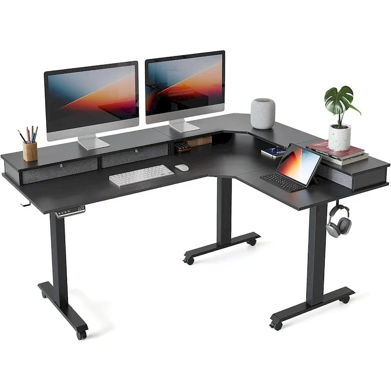 Bureau d'angle électrique debout avec 3 tiroirs et roulettes verrouillables, 160