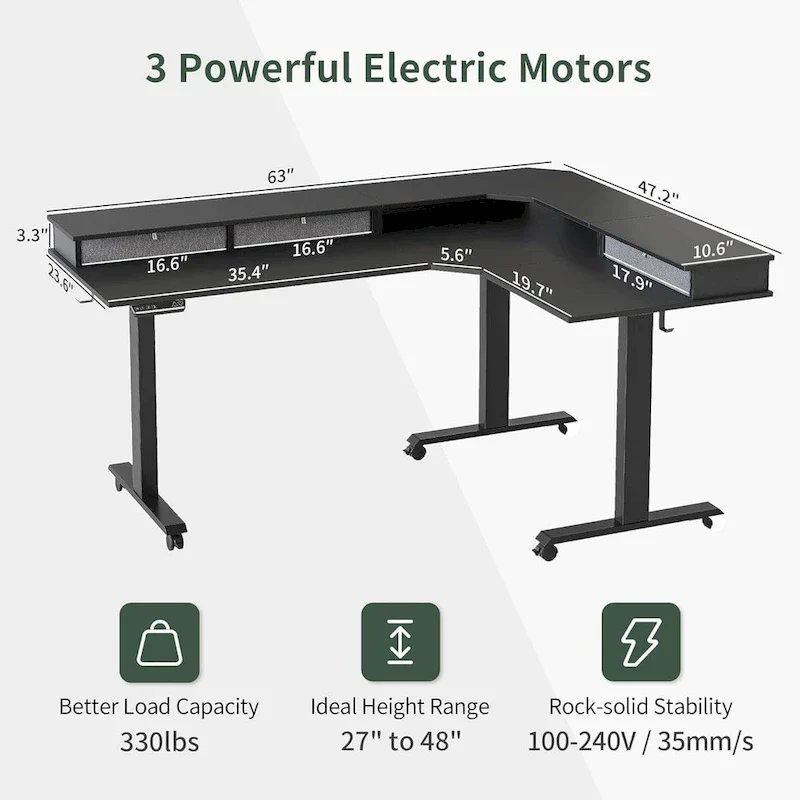 Bureau d'angle électrique debout avec 3 tiroirs et roulettes verrouillables, 160