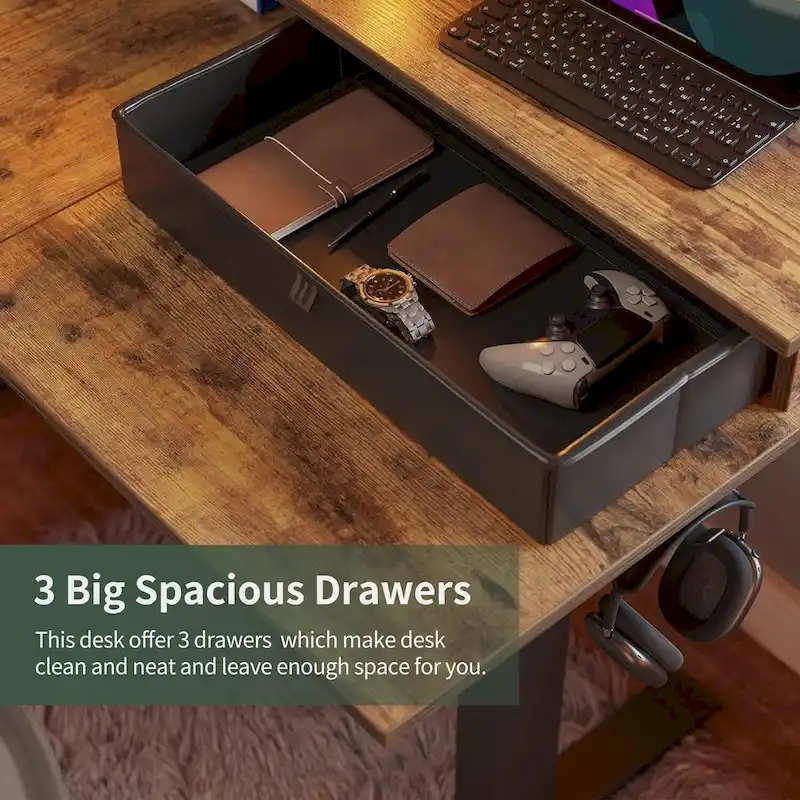 Bureau d'angle électrique debout avec 3 tiroirs et roulettes verrouillables, 160