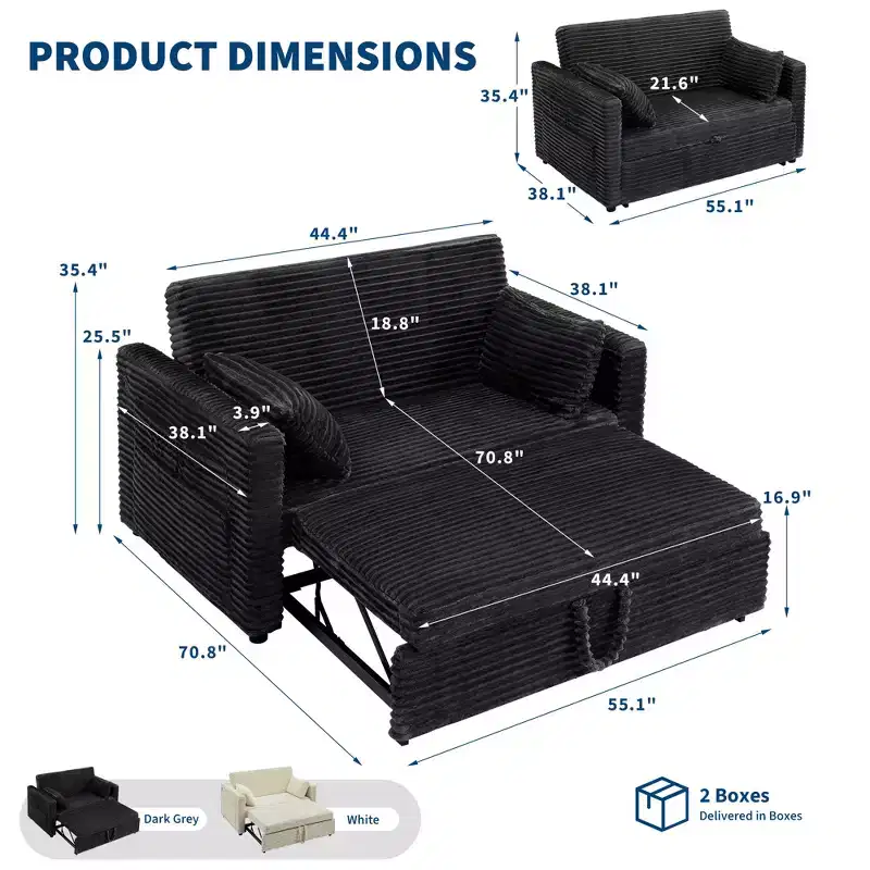 Canapé-lit convertible 55 pouces avec repose-pieds escamotable et dossier réglable, canapé peu encombrant pour petits appartements