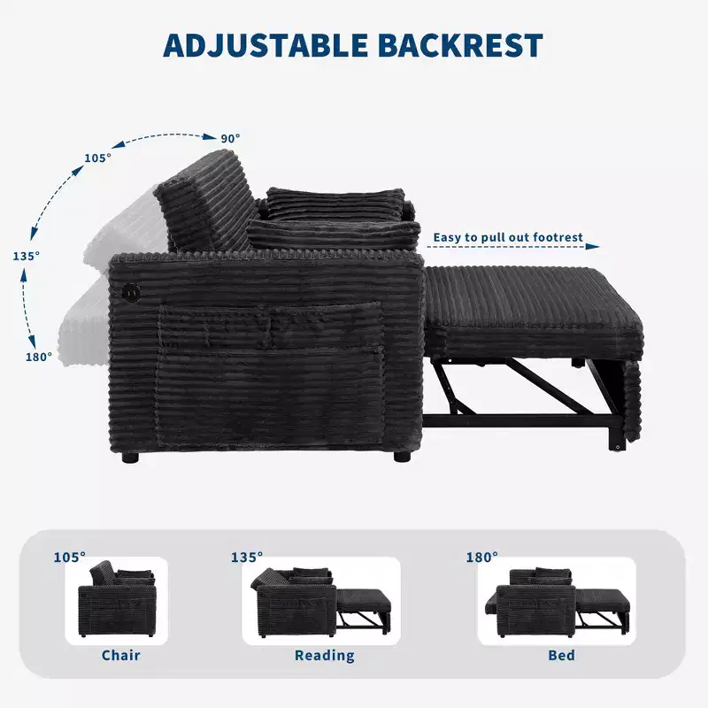 Canapé-lit convertible 55 pouces avec repose-pieds escamotable et dossier réglable, canapé peu encombrant pour petits appartements