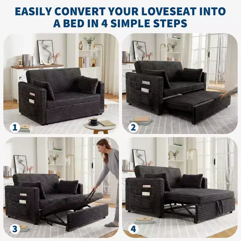 Canapé-lit convertible 55 pouces avec repose-pieds escamotable et dossier réglable, canapé peu encombrant pour petits appartements