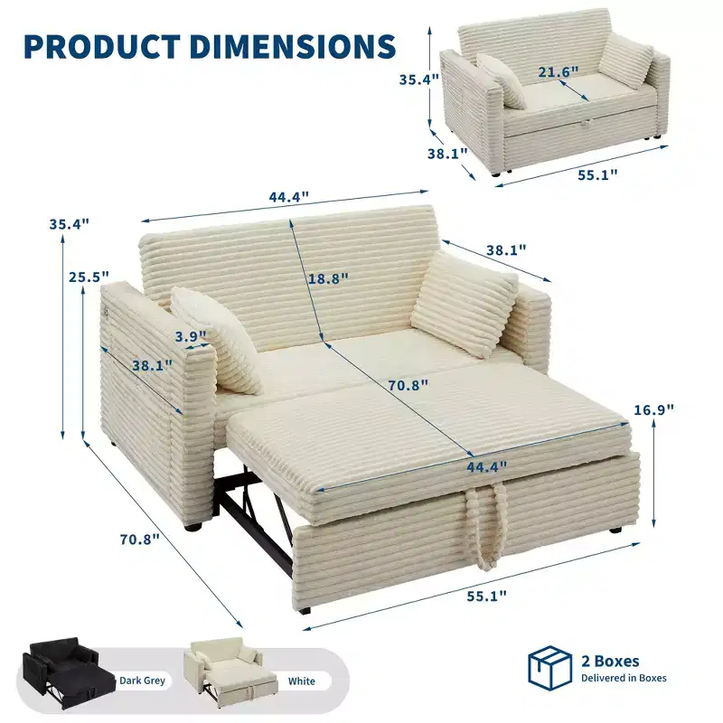 Canapé-lit convertible 55 pouces avec repose-pieds escamotable et dossier réglable, canapé peu encombrant pour petits appartements