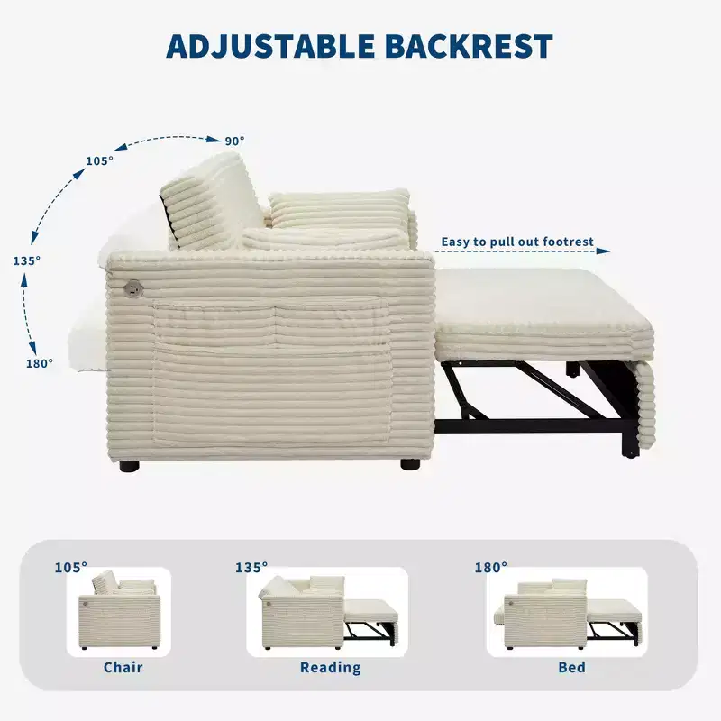 Canapé-lit convertible 55 pouces avec repose-pieds escamotable et dossier réglable, canapé peu encombrant pour petits appartements