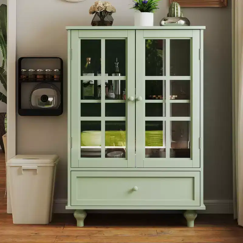 Meuble de rangement, Meuble bas en bois avec 1 tiroir et 2 portes vitrées, Buffet de style rustique avec rangement pour salon