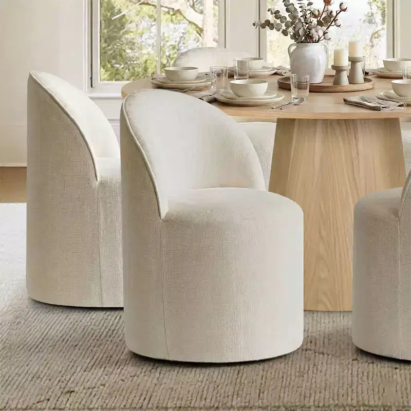 Ensemble de salle à manger moderne pour 6 personnes, table à manger ronde avec pied central, chaises de salle à manger pivotantes à roulettes, tissu chenille texturé - Panipeachy