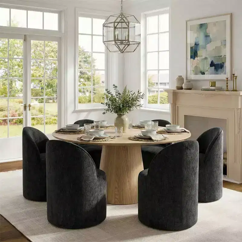Ensemble de salle à manger moderne pour 6 personnes, table à manger ronde avec pied central, chaises de salle à manger pivotantes à roulettes, tissu chenille texturé - Panipeachy