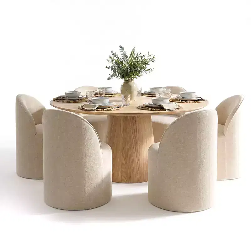 Ensemble de salle à manger moderne pour 6 personnes, table à manger ronde avec pied central, chaises de salle à manger pivotantes à roulettes, tissu chenille texturé - Panipeachy