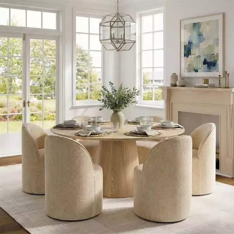 Ensemble de salle à manger moderne pour 6 personnes, table à manger ronde avec pied central, chaises de salle à manger pivotantes à roulettes, tissu chenille texturé - Panipeachy