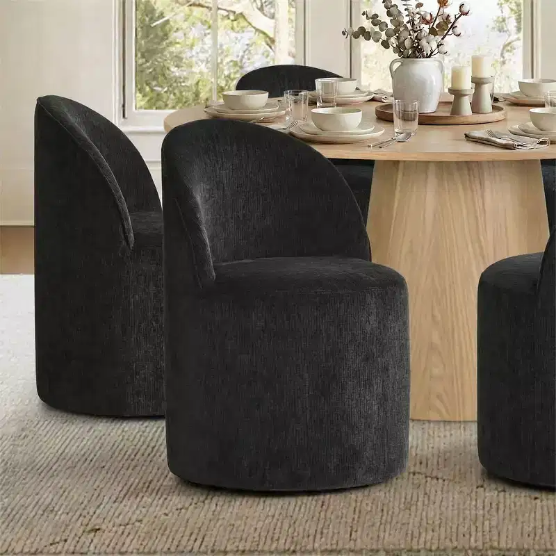 Ensemble de salle à manger moderne pour 6 personnes, table à manger ronde avec pied central, chaises de salle à manger pivotantes à roulettes, tissu chenille texturé - Panipeachy