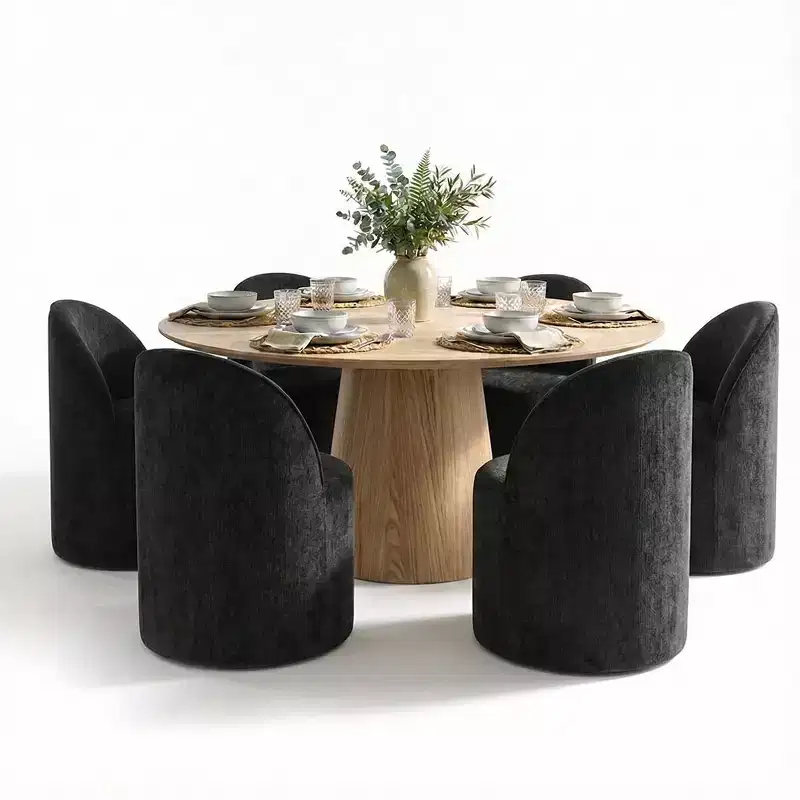 Ensemble de salle à manger moderne pour 6 personnes, table à manger ronde avec pied central, chaises de salle à manger pivotantes à roulettes, tissu chenille texturé - Panipeachy