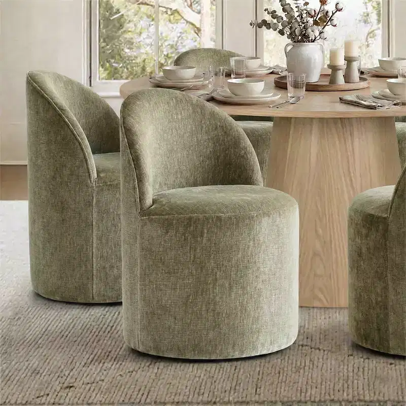 Ensemble de salle à manger moderne pour 6 personnes, table à manger ronde avec pied central, chaises de salle à manger pivotantes à roulettes, tissu chenille texturé - Panipeachy