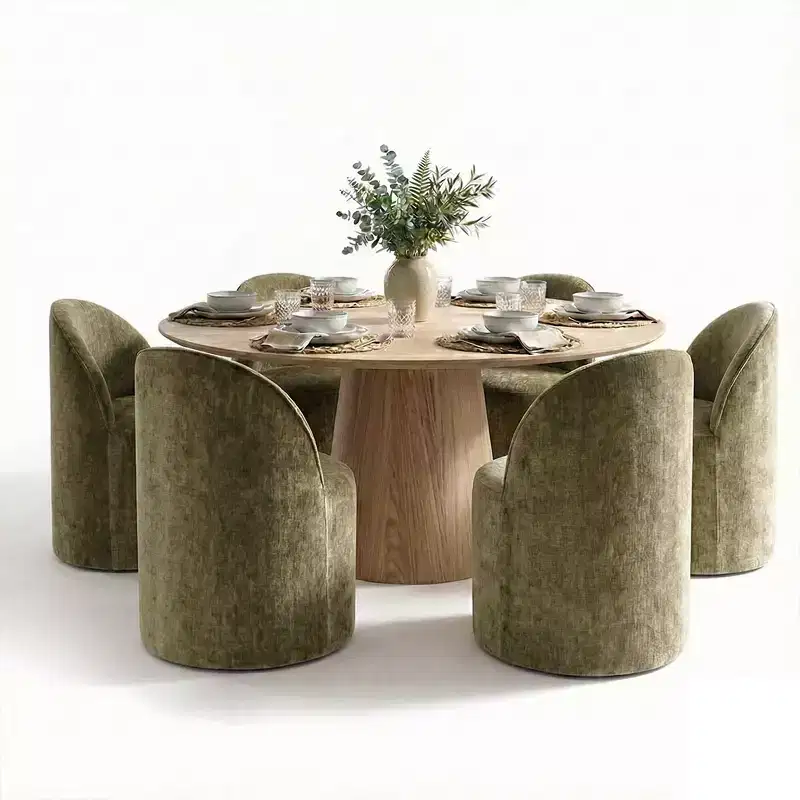 Ensemble de salle à manger moderne pour 6 personnes, table à manger ronde avec pied central, chaises de salle à manger pivotantes à roulettes, tissu chenille texturé - Panipeachy