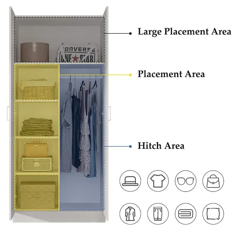Armoire de chambre autonome à 2 portes avec tringle à vêtements