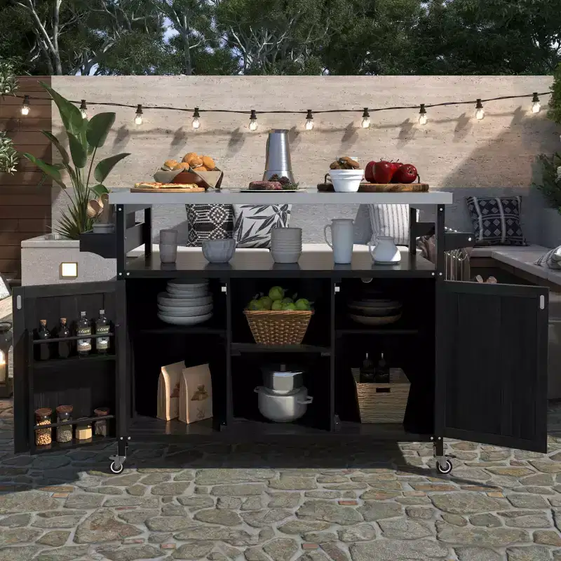 Îlot de cuisine d'extérieur Okak avec plateau en acier inoxydable, chariot de cuisine en bois avec portes, étagères et porte-épices, îlot de cuisine roulant