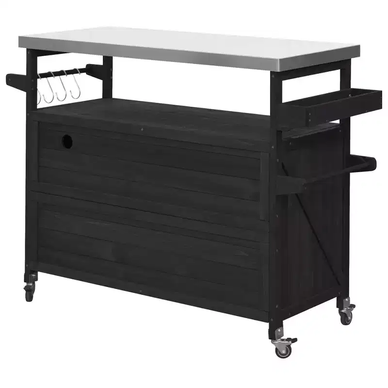 Îlot de cuisine d'extérieur Okak avec plateau en acier inoxydable, chariot de cuisine en bois avec portes, étagères et porte-épices, îlot de cuisine roulant
