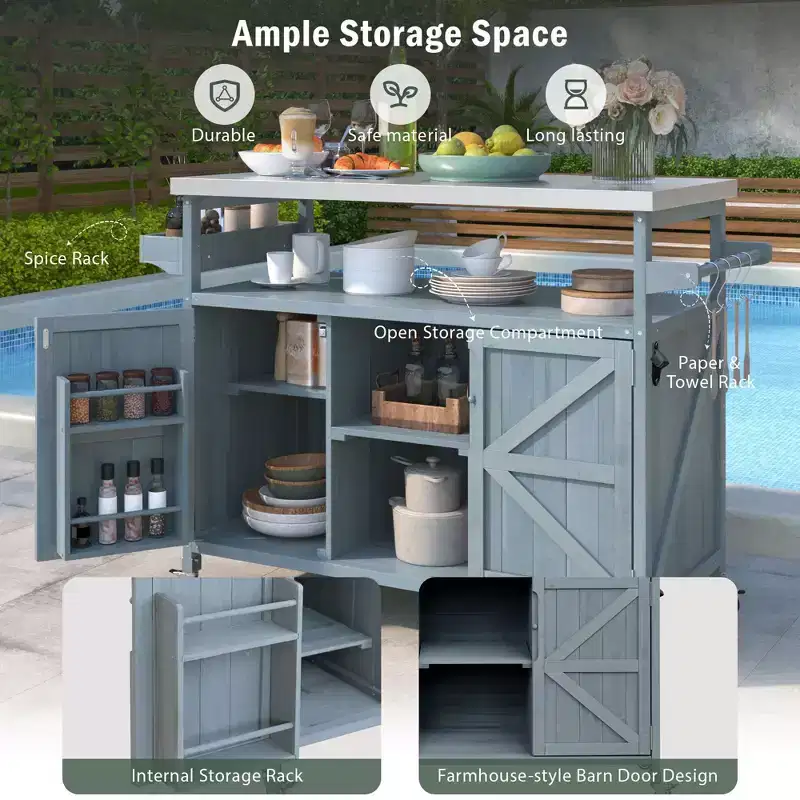 Îlot de cuisine d'extérieur Okak avec plateau en acier inoxydable, chariot de cuisine en bois avec portes, étagères et porte-épices, îlot de cuisine roulant