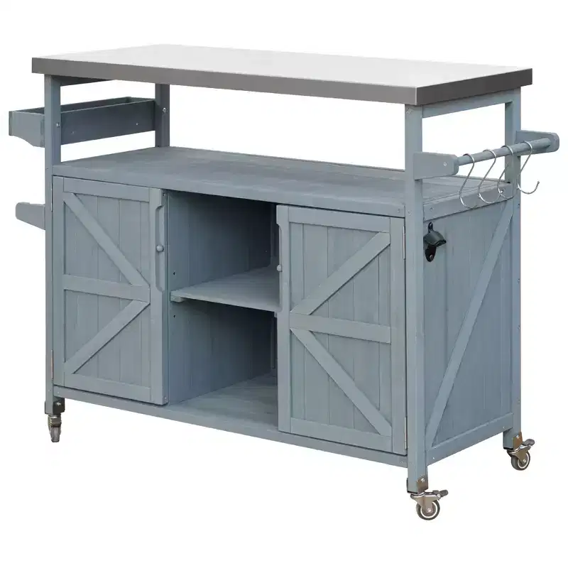 Îlot de cuisine d'extérieur Okak avec plateau en acier inoxydable, chariot de cuisine en bois avec portes, étagères et porte-épices, îlot de cuisine roulant