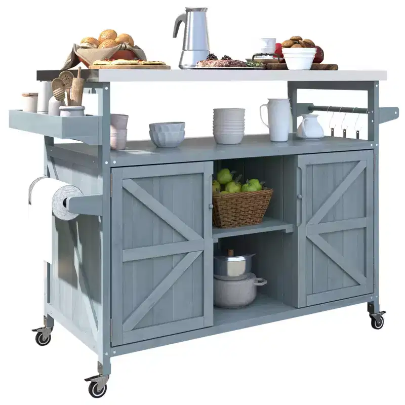 Îlot de cuisine d'extérieur Okak avec plateau en acier inoxydable, chariot de cuisine en bois avec portes, étagères et porte-épices, îlot de cuisine roulant