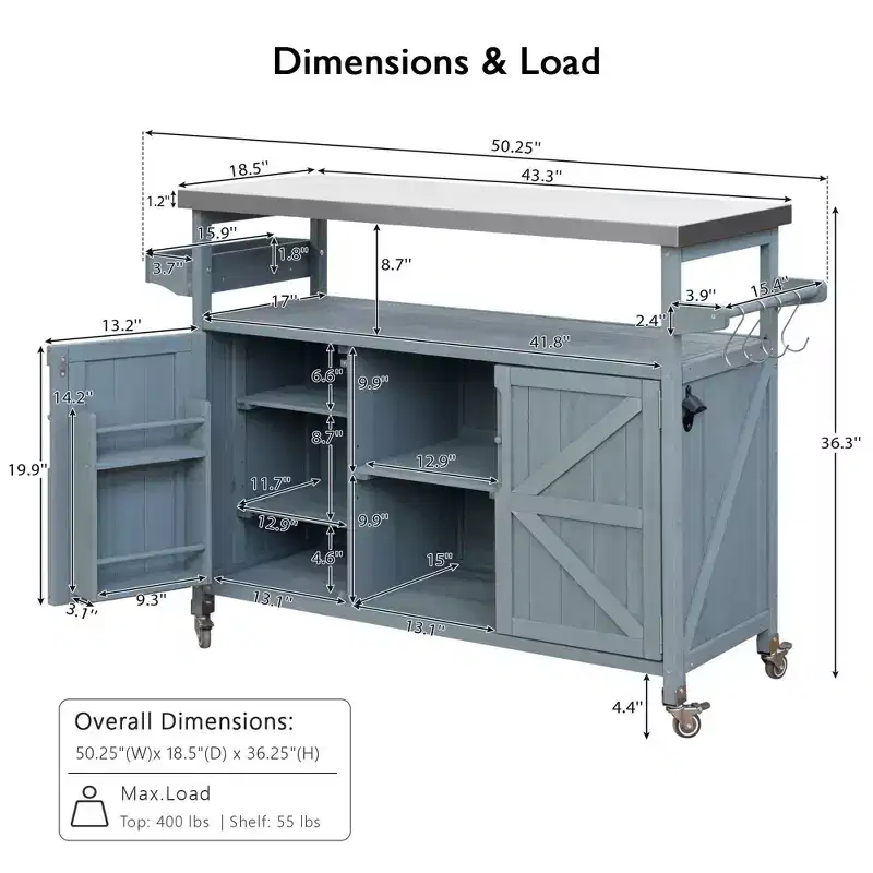Îlot de cuisine d'extérieur Okak avec plateau en acier inoxydable, chariot de cuisine en bois avec portes, étagères et porte-épices, îlot de cuisine roulant