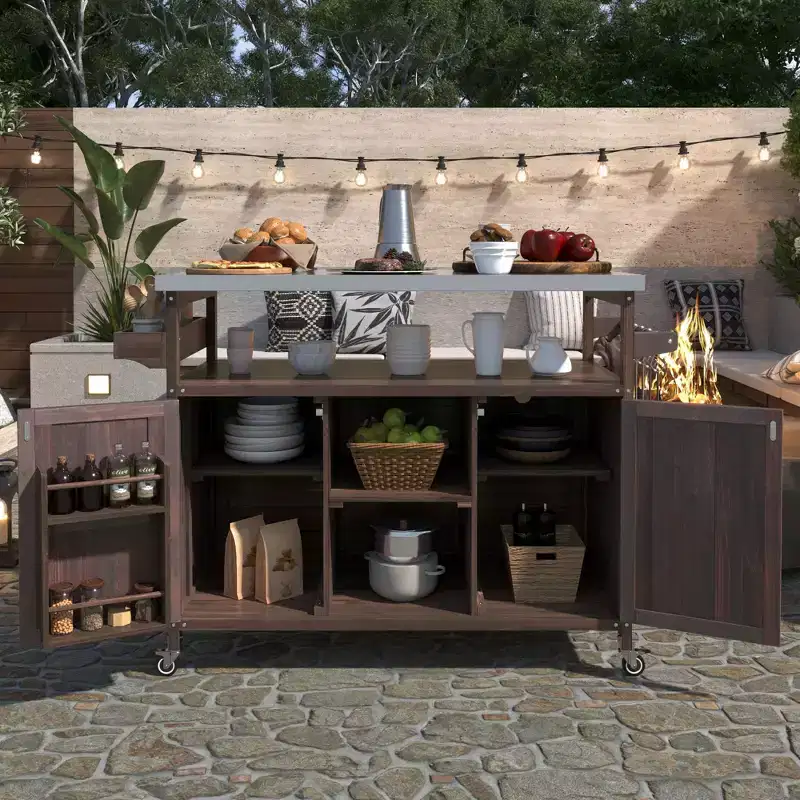 Îlot de cuisine d'extérieur Okak avec plateau en acier inoxydable, chariot de cuisine en bois avec portes, étagères et porte-épices, îlot de cuisine roulant