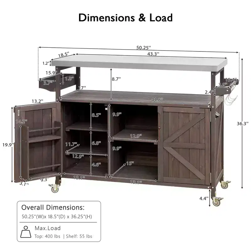 Îlot de cuisine d'extérieur Okak avec plateau en acier inoxydable, chariot de cuisine en bois avec portes, étagères et porte-épices, îlot de cuisine roulant
