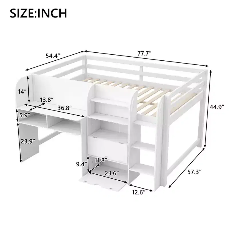 Lit mezzanine bas rose et blanc avec bureau, rangements et tableau blanc – Jumeau, 1 personne