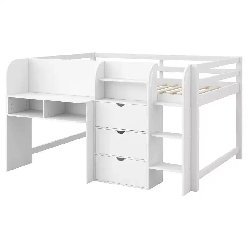 Lit mezzanine bas rose et blanc avec bureau, rangements et tableau blanc – Jumeau, 1 personne