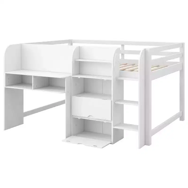 Lit mezzanine bas rose et blanc avec bureau, rangements et tableau blanc – Jumeau, 1 personne