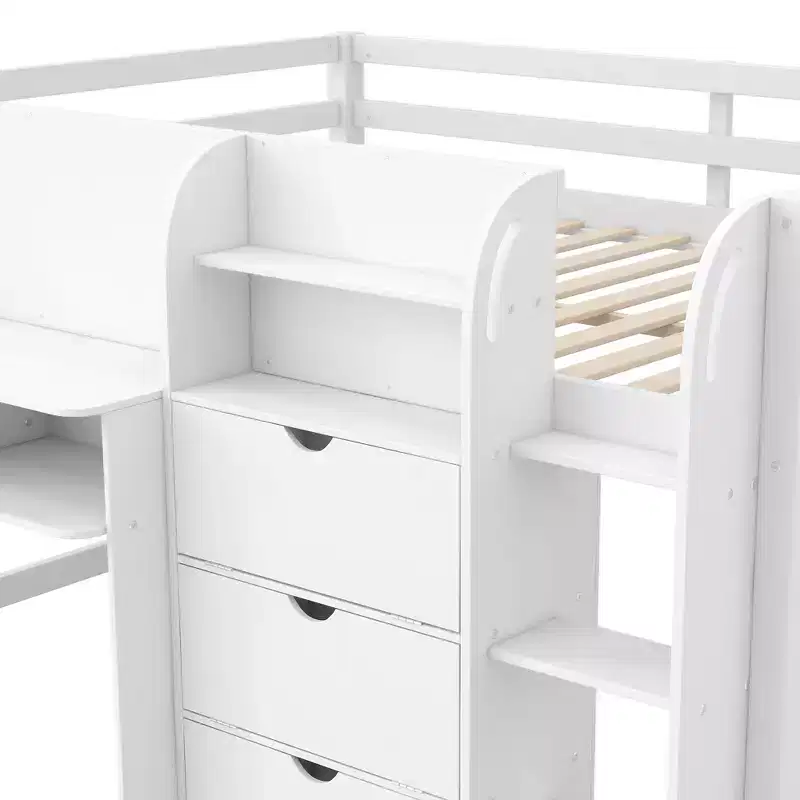 Lit mezzanine bas rose et blanc avec bureau, rangements et tableau blanc – Jumeau, 1 personne
