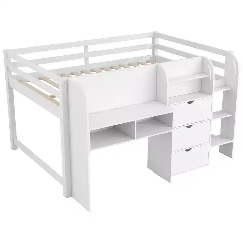 Lit mezzanine bas rose et blanc avec bureau, rangements et tableau blanc – Jumeau, 1 personne
