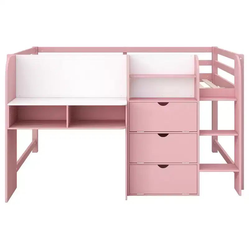 Lit mezzanine bas rose et blanc avec bureau, rangements et tableau blanc – Jumeau, 1 personne