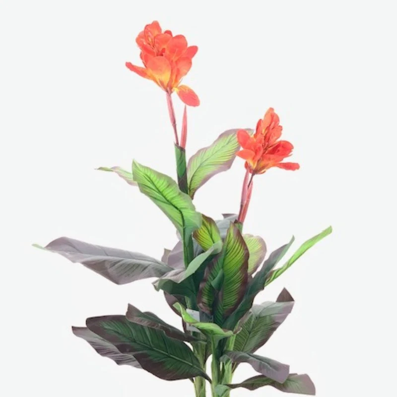 Pianta artificiale Canna Lily foglie verdi con fiori arancio e vaso 115 cm