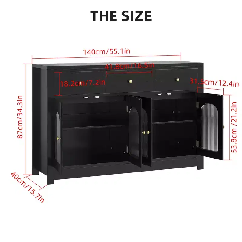 Buffet étroit de 140 cm avec 3 tiroirs et 4 portes pour cuisine, salle à manger, salon