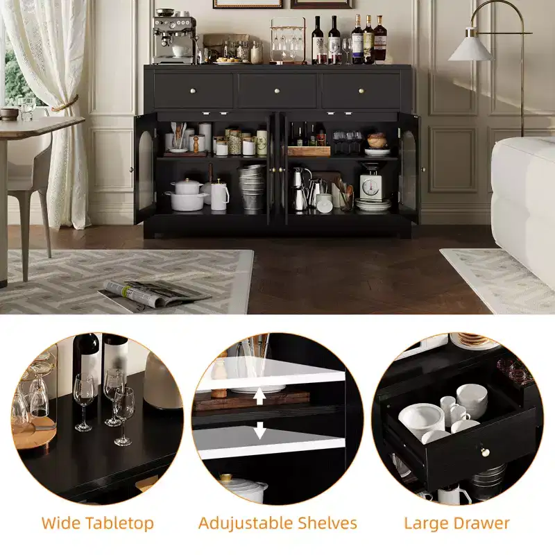 Buffet étroit de 140 cm avec 3 tiroirs et 4 portes pour cuisine, salle à manger, salon