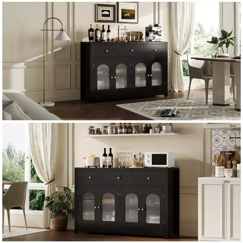 Buffet étroit de 140 cm avec 3 tiroirs et 4 portes pour cuisine, salle à manger, salon