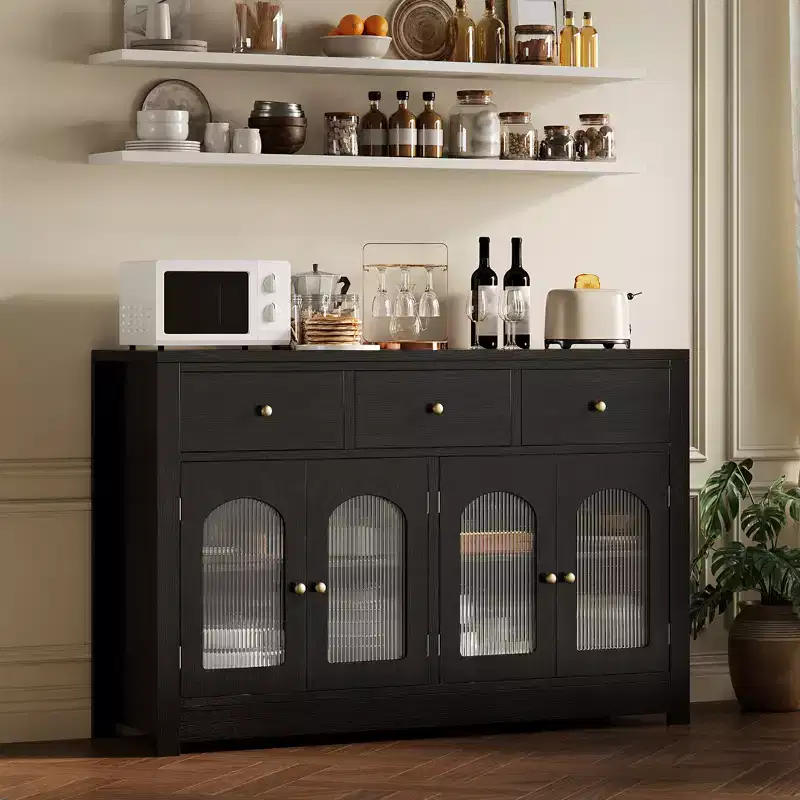 Buffet étroit de 140 cm avec 3 tiroirs et 4 portes pour cuisine, salle à manger, salon