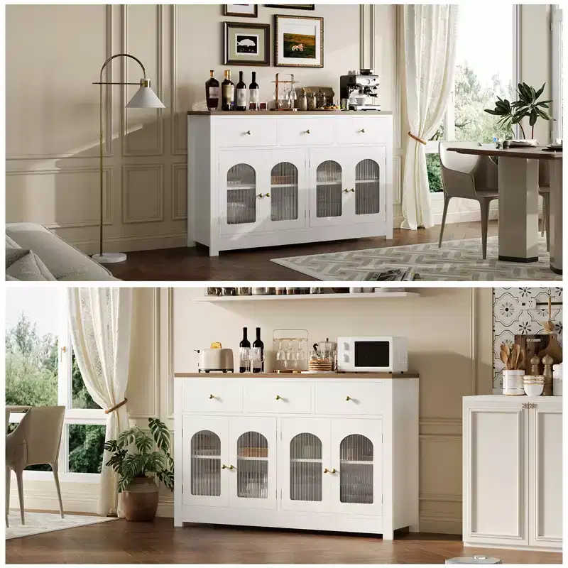 Buffet étroit de 140 cm avec 3 tiroirs et 4 portes pour cuisine, salle à manger, salon