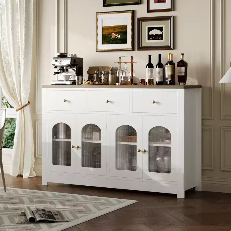 Buffet étroit de 140 cm avec 3 tiroirs et 4 portes pour cuisine, salle à manger, salon