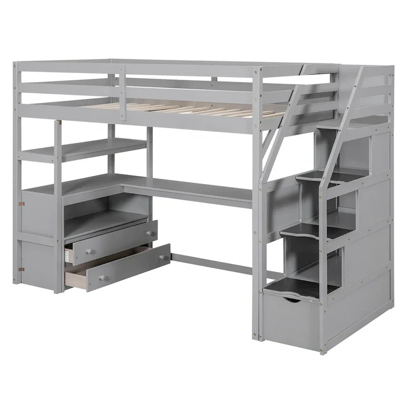 Lit mezzanine taille jumeau avec bureau et étagères, deux tiroirs intégrés, escalier de rangement