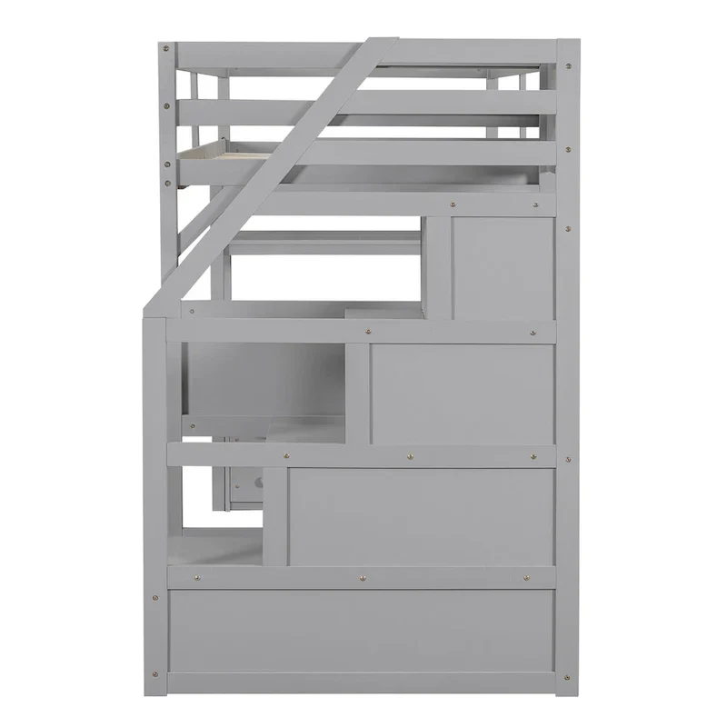 Lit mezzanine taille jumeau avec bureau et étagères, deux tiroirs intégrés, escalier de rangement