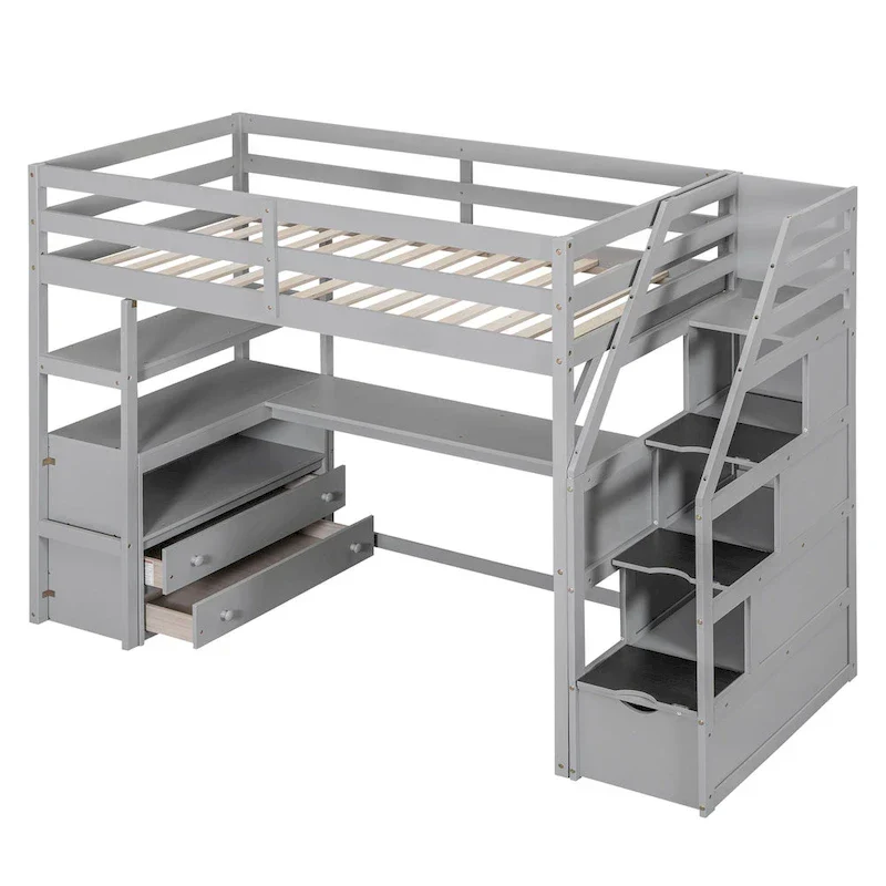 Lit mezzanine taille jumeau avec bureau et étagères, deux tiroirs intégrés, escalier de rangement
