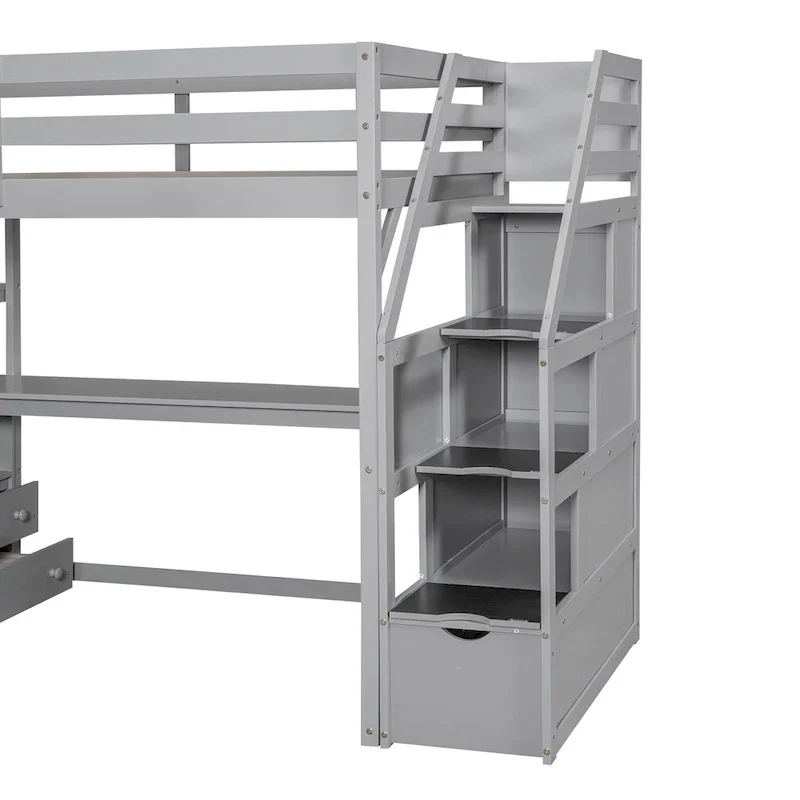 Lit mezzanine taille jumeau avec bureau et étagères, deux tiroirs intégrés, escalier de rangement